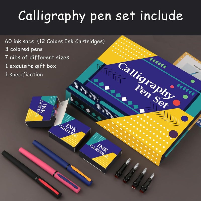 Aifeiter Calligraphy Pen set,Calligraphy Fountain Pens with 7 Different Replaceable Nibs with 60 Ink Cartridges(12 Colors),3 multi-functional color Fountain pens - Image 3